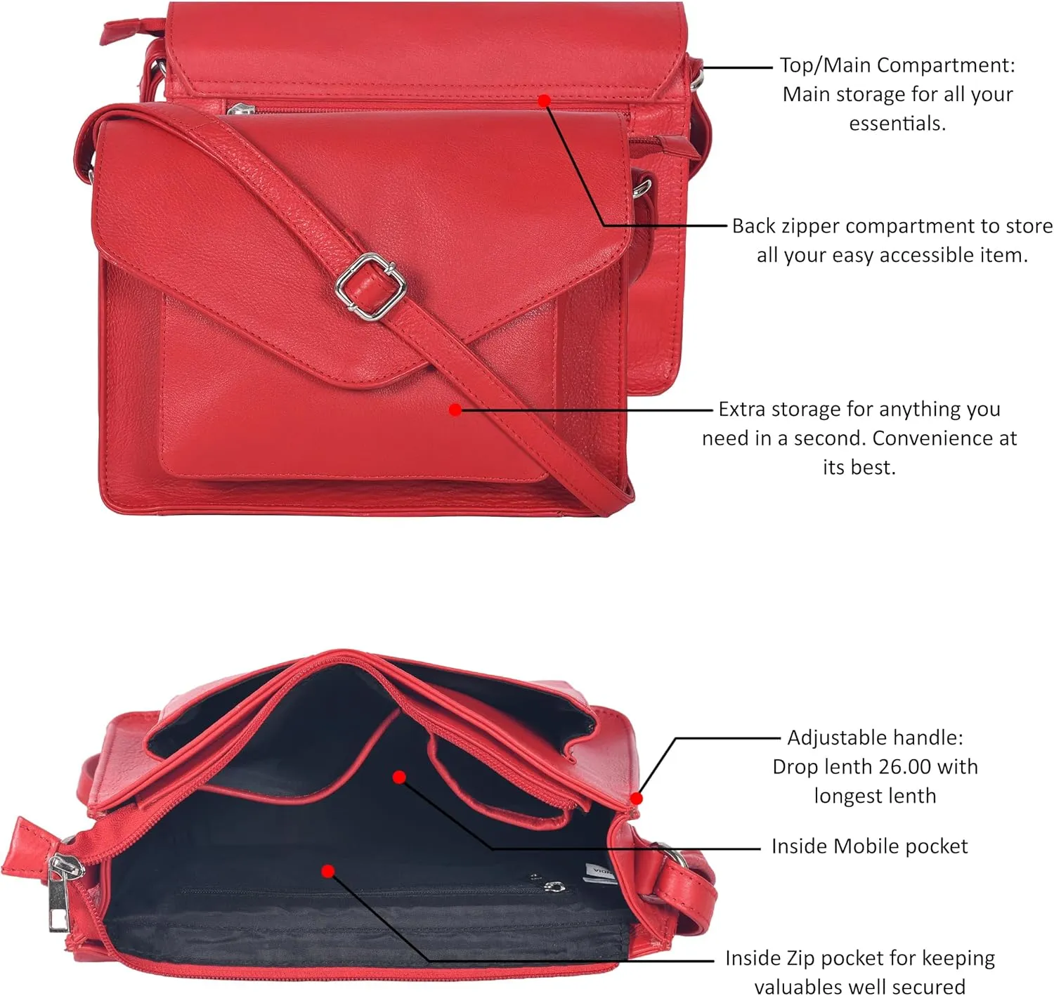 Leather Flapover Crossbody Handbag Purse for Women with Adjustable Strap & Overflap Snap Closure Tote/Bag