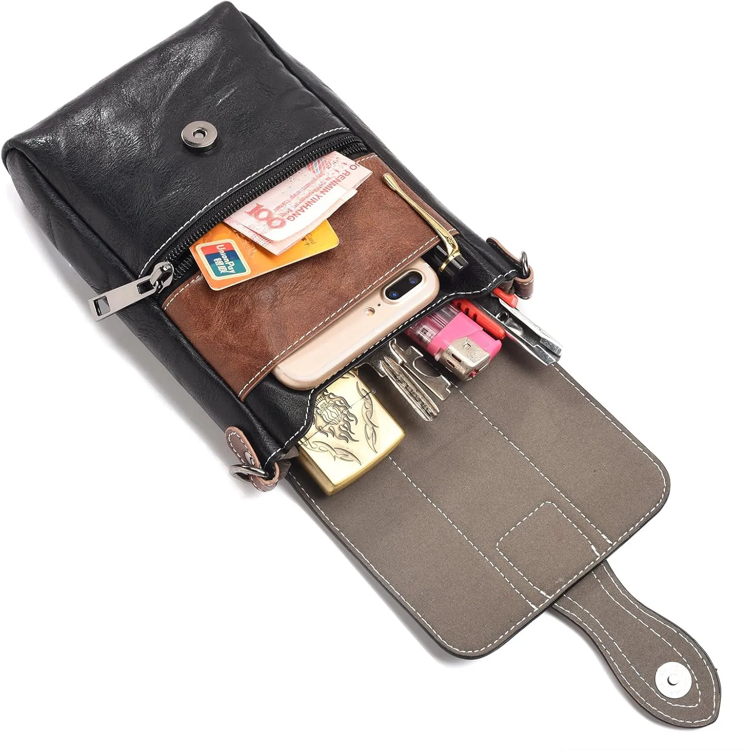 Leather Mobile phone Crossbody Shoulder Holster, Men Waterproof Cell Phone Waist Pack with Belt Loop, SmarstPhone Bag with Card Bag Leather Cell phone Wallet Shoulder Pouch Bag phone Belt Clip Holder