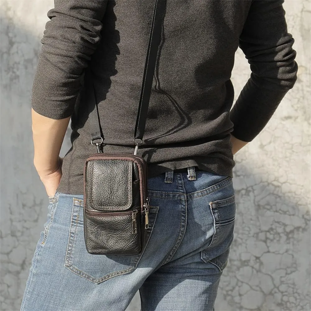 Leather Shoulder Pouch Men, Phone Waist Bag, Belt Loop Messenger Business Bag Crossbody Satchel Purse with Adjustable Strap