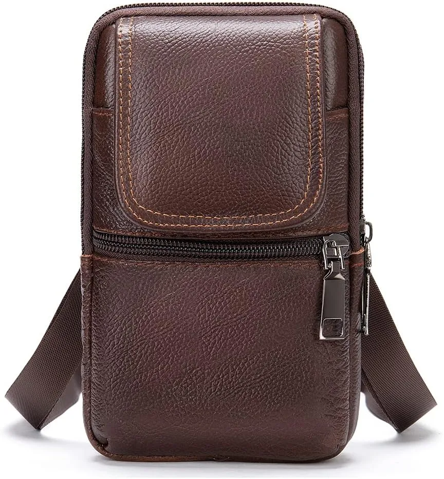 Leather Shoulder Pouch Men, Phone Waist Bag, Belt Loop Messenger Business Bag Crossbody Satchel Purse with Adjustable Strap