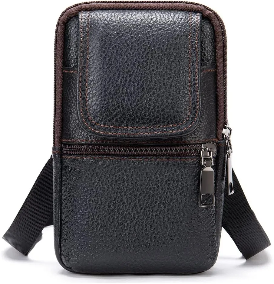 Leather Shoulder Pouch Men, Phone Waist Bag, Belt Loop Messenger Business Bag Crossbody Satchel Purse with Adjustable Strap
