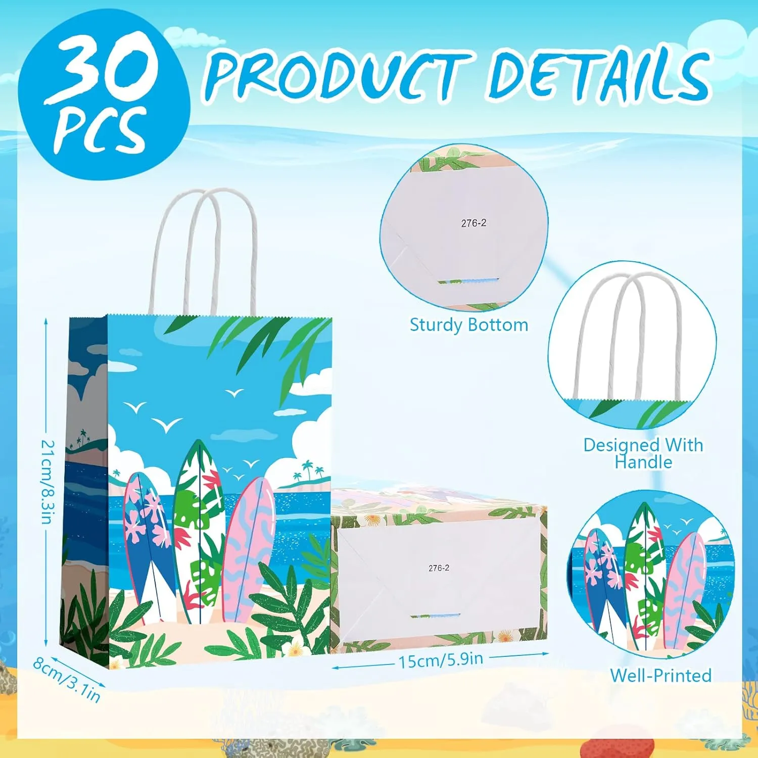 Leinuosen 30 Pcs Summer Beach Goodie Bags Summer Treat gifts Pool Snacks and Candy Bags with Handle for Hawaii Theme Kids Adults Birthday Baby Shower Favors, 8.3 x 5.9 x 3.1 Inch