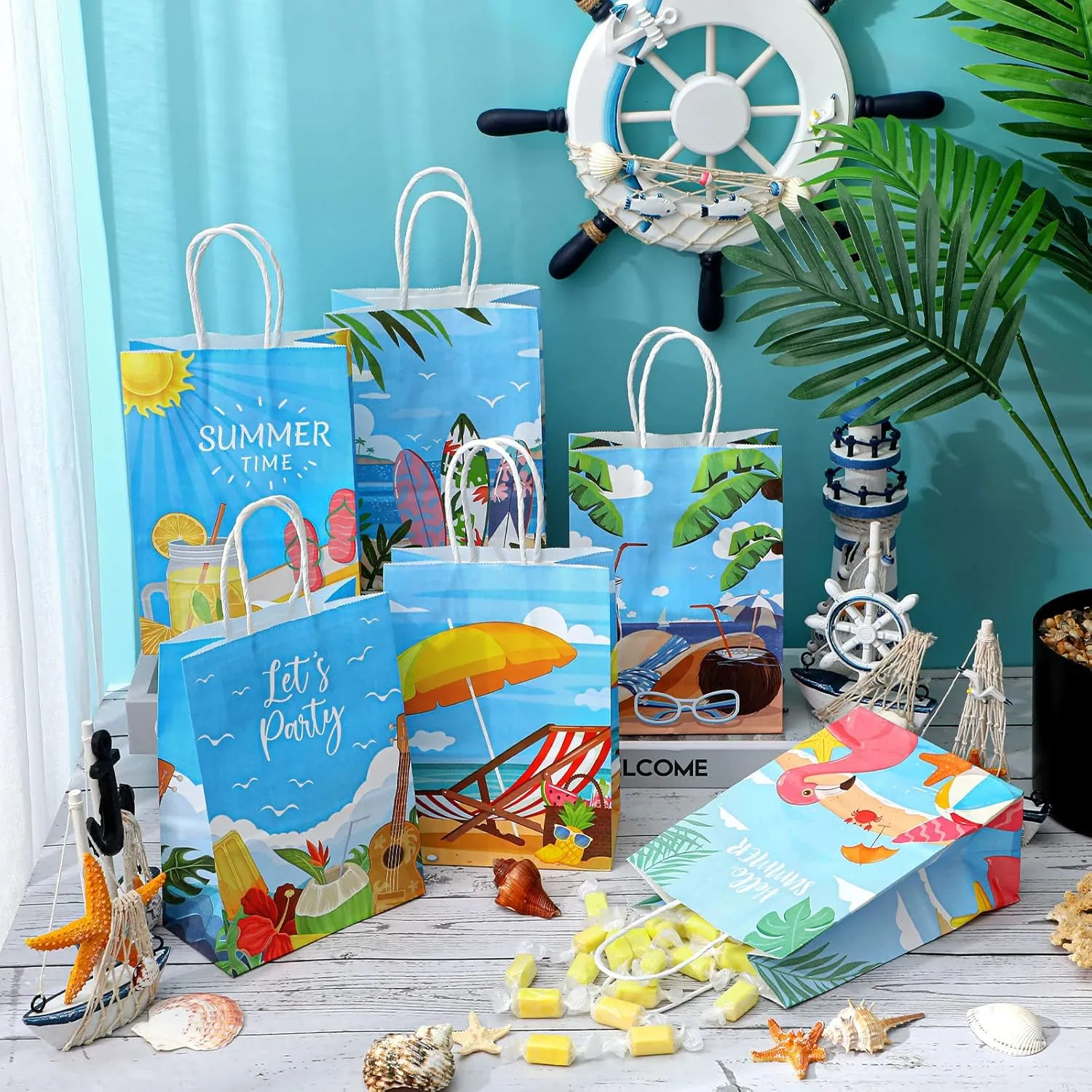 Leinuosen 30 Pcs Summer Beach Goodie Bags Summer Treat gifts Pool Snacks and Candy Bags with Handle for Hawaii Theme Kids Adults Birthday Baby Shower Favors, 8.3 x 5.9 x 3.1 Inch