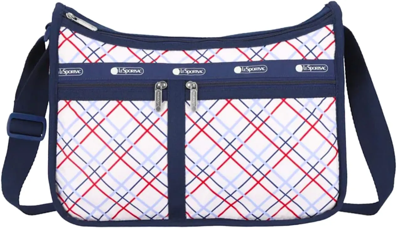 LeSportsac Modern Tattersall Deluxe Everyday Crossbody Bag   Cosmetic Bag, Style 7507/Color E839, Classic Navy & Bold Red Unite on Crisp White Bag, Modern Lilac Accent, Fun Interpretative Tartan Plaid