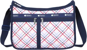 LeSportsac Modern Tattersall Deluxe Everyday Crossbody Bag   Cosmetic Bag, Style 7507/Color E839, Classic Navy & Bold Red Unite on Crisp White Bag, Modern Lilac Accent, Fun Interpretative Tartan Plaid