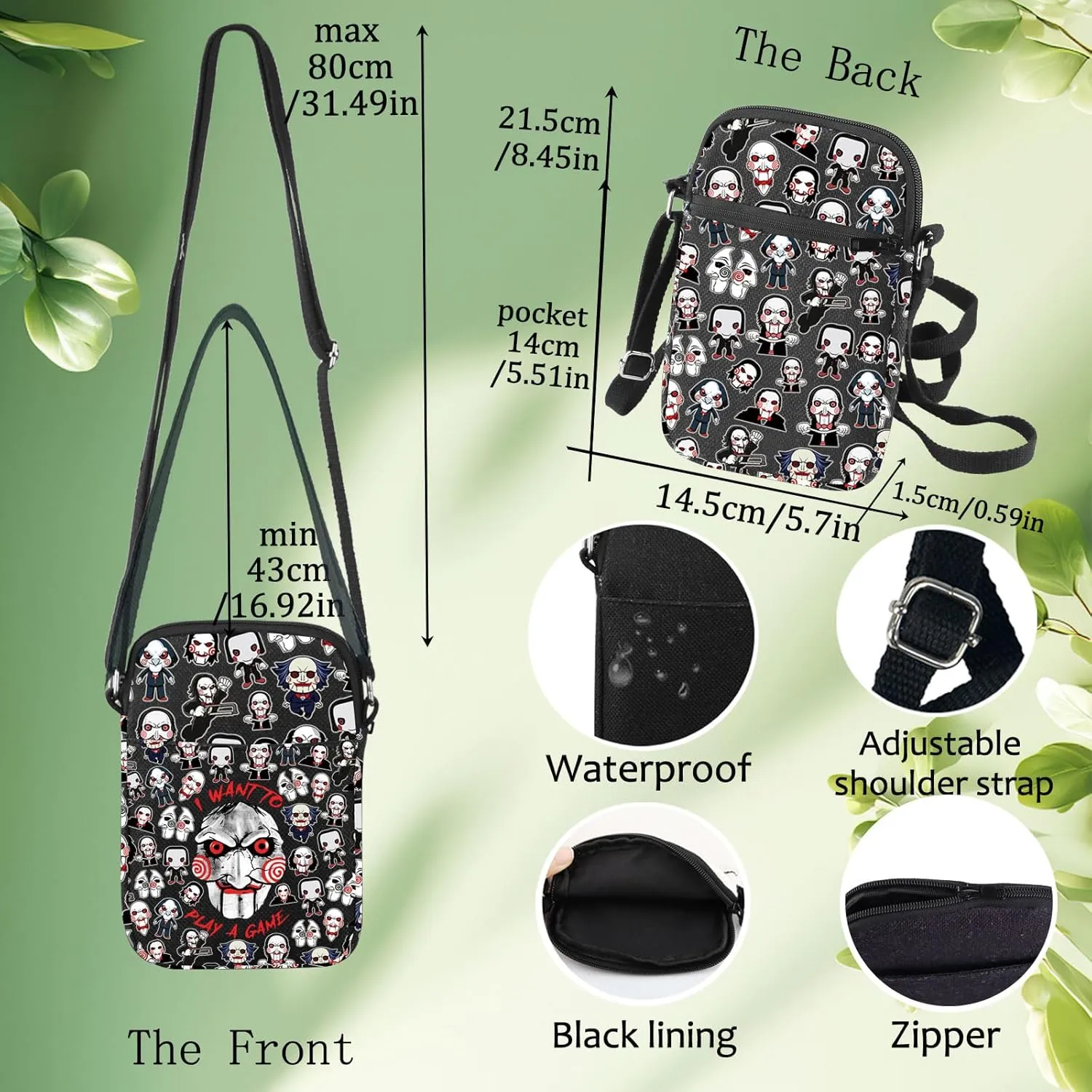 LEVLO Sadistic ThrillerCrossbody Bag Horror Movie Fans Gift I Want To Play Game Puzzle Horror Shoulder Bag Thriller Merch
