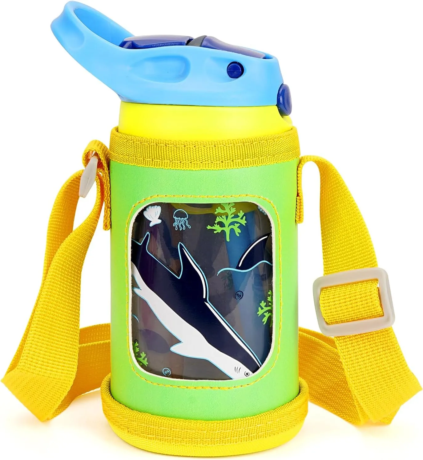 Linkidea Water Bottle Carrier with Strap Compatible with CamelBak, Contigo, YETI Rambler, Simple Modern Kids Bottles, Waterbottle Sling Bag Holder with Shoulder Strap, Green & Yellow