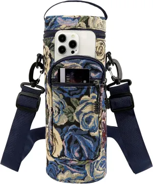 Linkidea Water Bottle Carrier with Strap Compatible with YETI Yonder Bottle 1.5L/50oz, Sports Waterbottle Sling Bag Holder, Shoulder Strap with Phone Pocket, Blue Flower