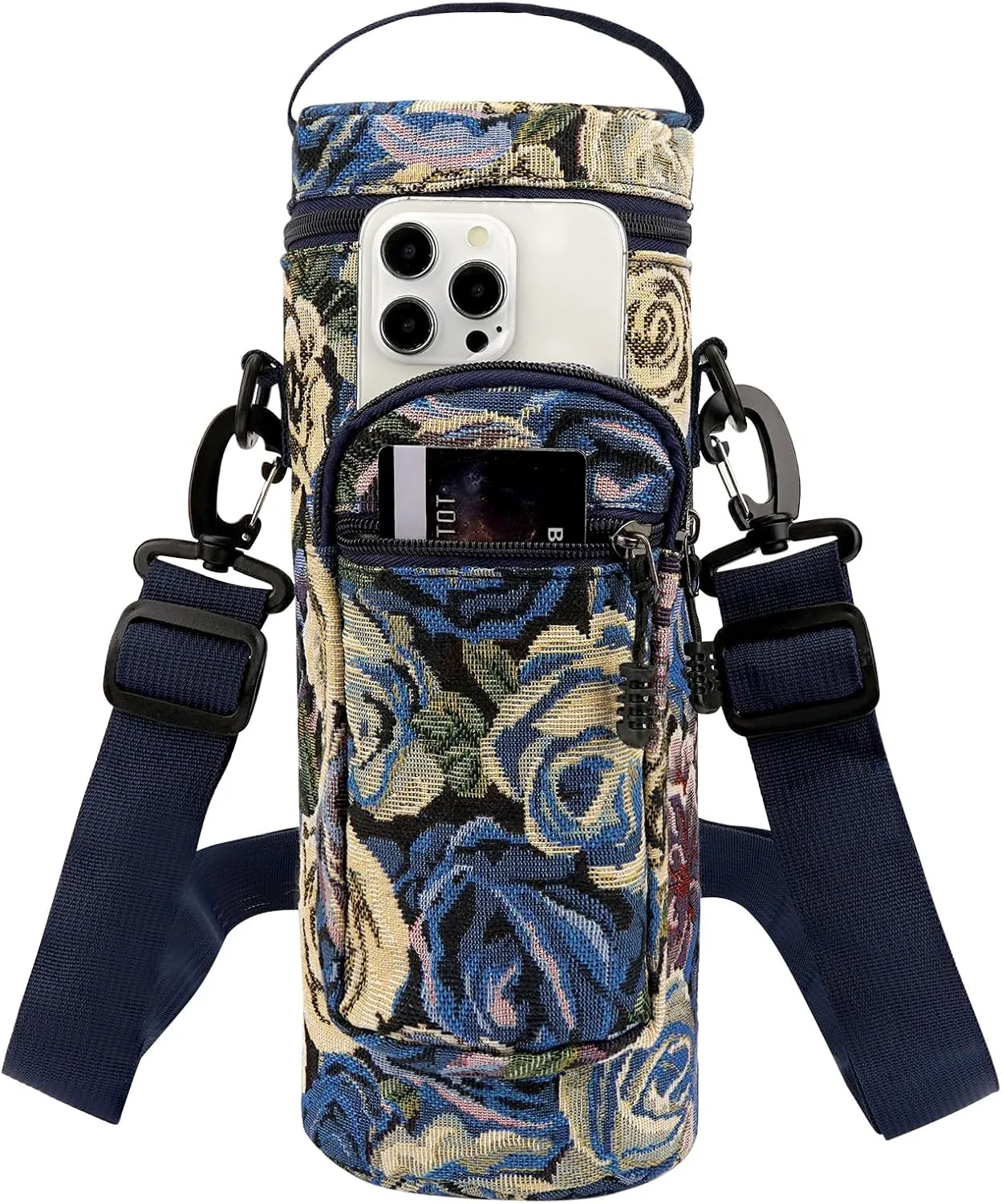 Linkidea Water Bottle Carrier with Strap Compatible with YETI Yonder Bottle 1.5L/50oz, Sports Waterbottle Sling Bag Holder, Shoulder Strap with Phone Pocket, Blue Flower