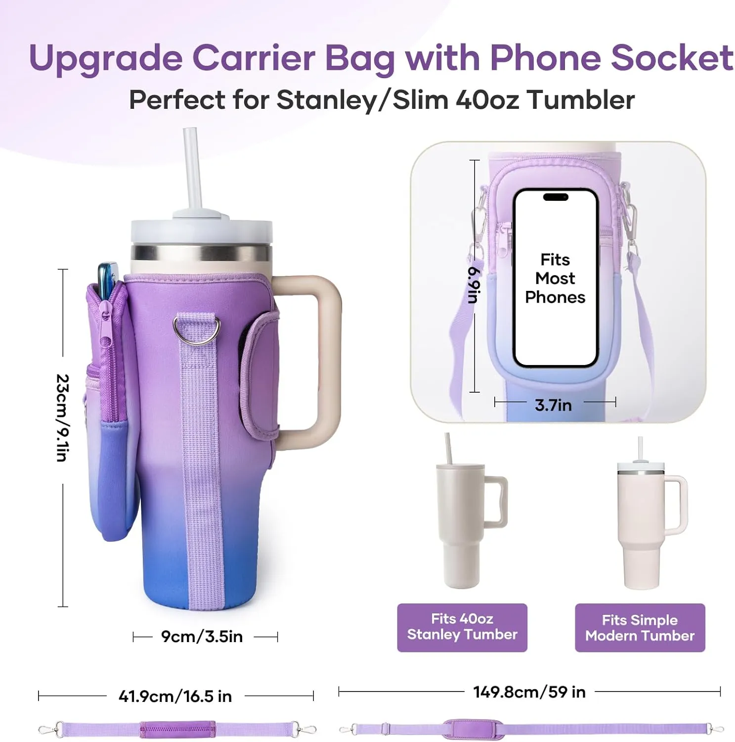 linmaya Water Bottle Carrier Bag with Phone Pocket for Stanley Cup 40/30oz,Insulated Neoprene Water Bottle Holder Cross-boday Bag with Adjustable Shoulder & Handheld Strap Stanley Cup Accessories