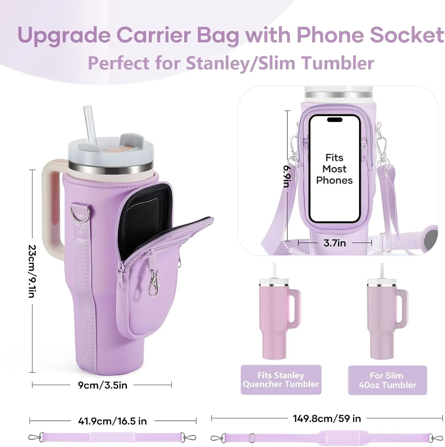 linmaya Water Bottle Carrier Bag with Phone Pocket for Stanley Cup 40/30oz,Insulated Neoprene Water Bottle Holder Cross-boday Bag with Adjustable Shoulder & Handheld Strap Stanley Cup Accessories