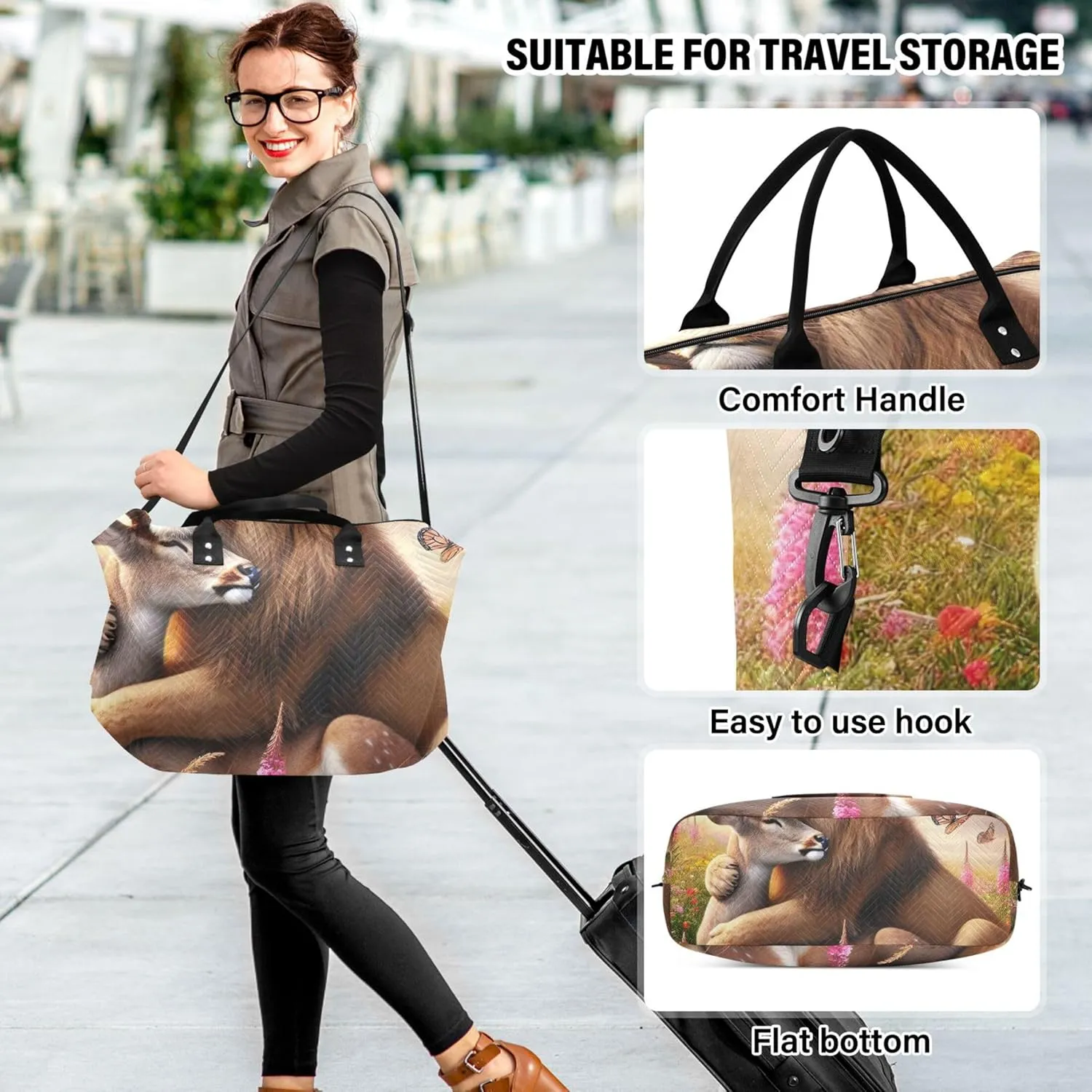 Lion Deer Floral Cute Duffel Bags for Traveling Toiletry Bag Set of 2, Print Women Luggage Set of 2 Traveling Bag