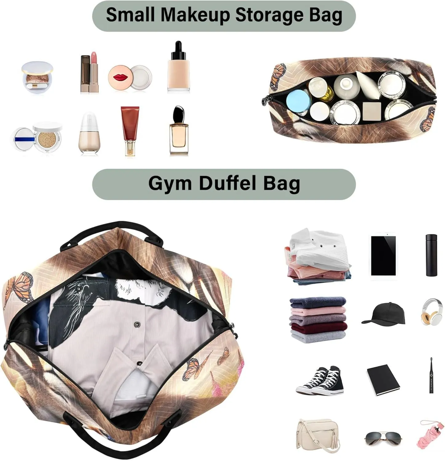 Lion Deer Floral Cute Duffel Bags for Traveling Toiletry Bag Set of 2, Print Women Luggage Set of 2 Traveling Bag