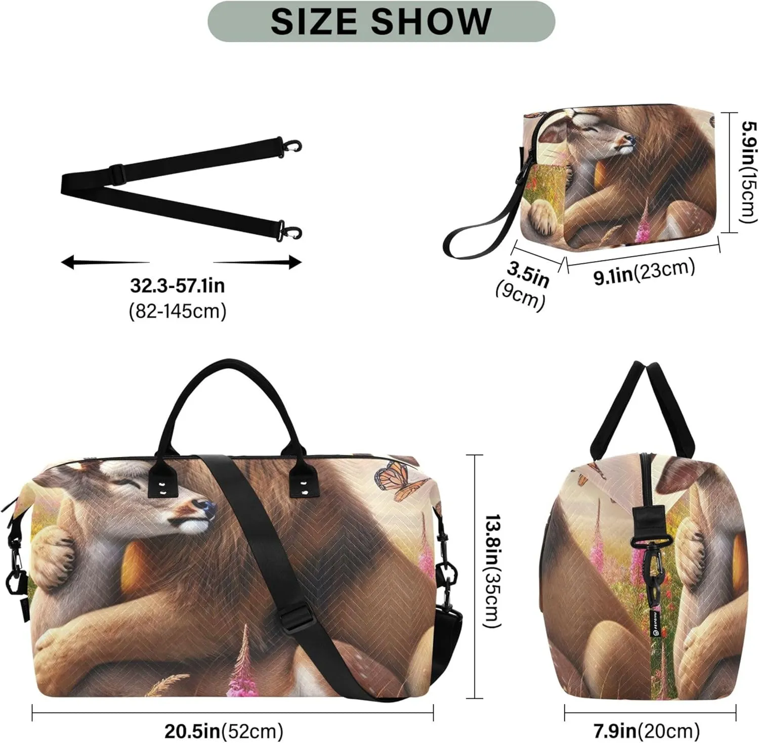 Lion Deer Floral Cute Duffel Bags for Traveling Toiletry Bag Set of 2, Print Women Luggage Set of 2 Traveling Bag