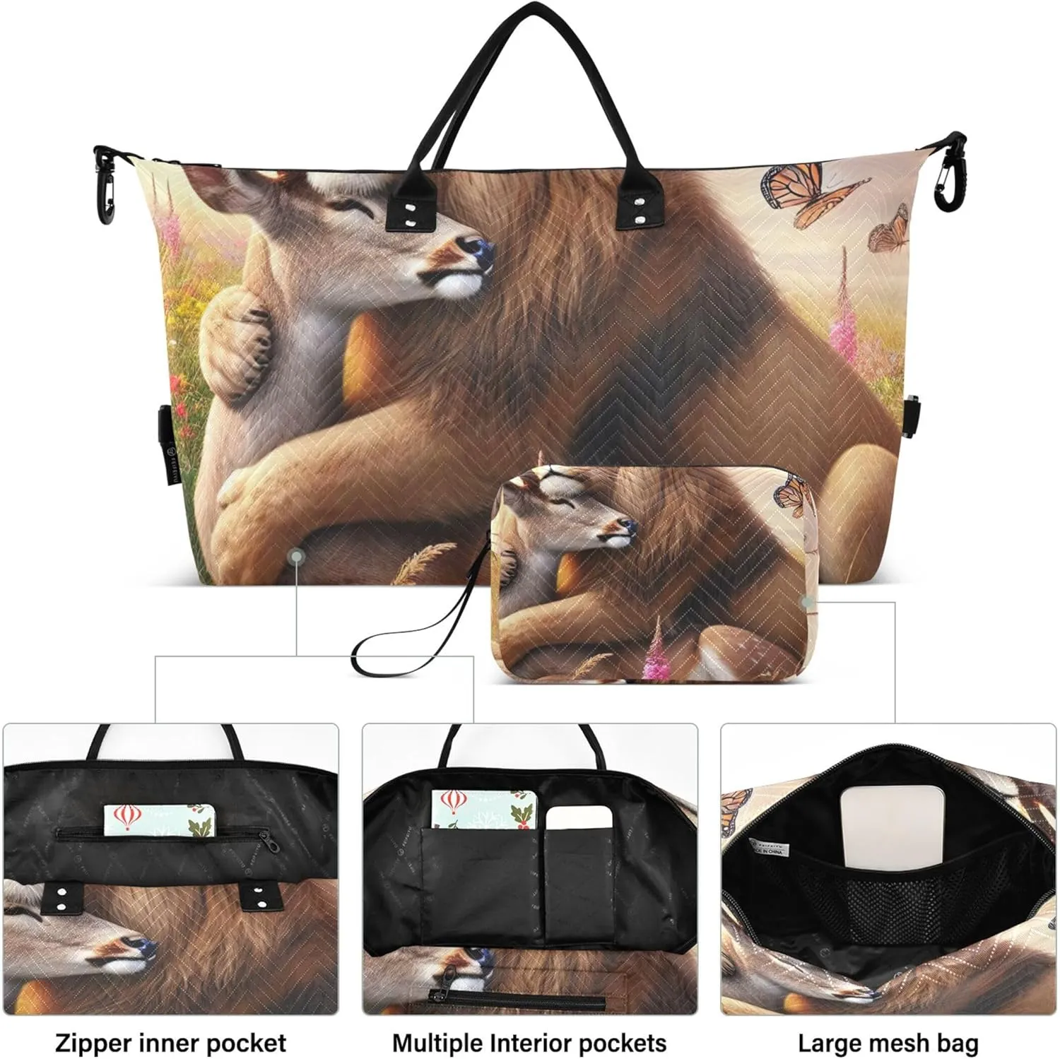 Lion Deer Floral Cute Duffel Bags for Traveling Toiletry Bag Set of 2, Print Women Luggage Set of 2 Traveling Bag