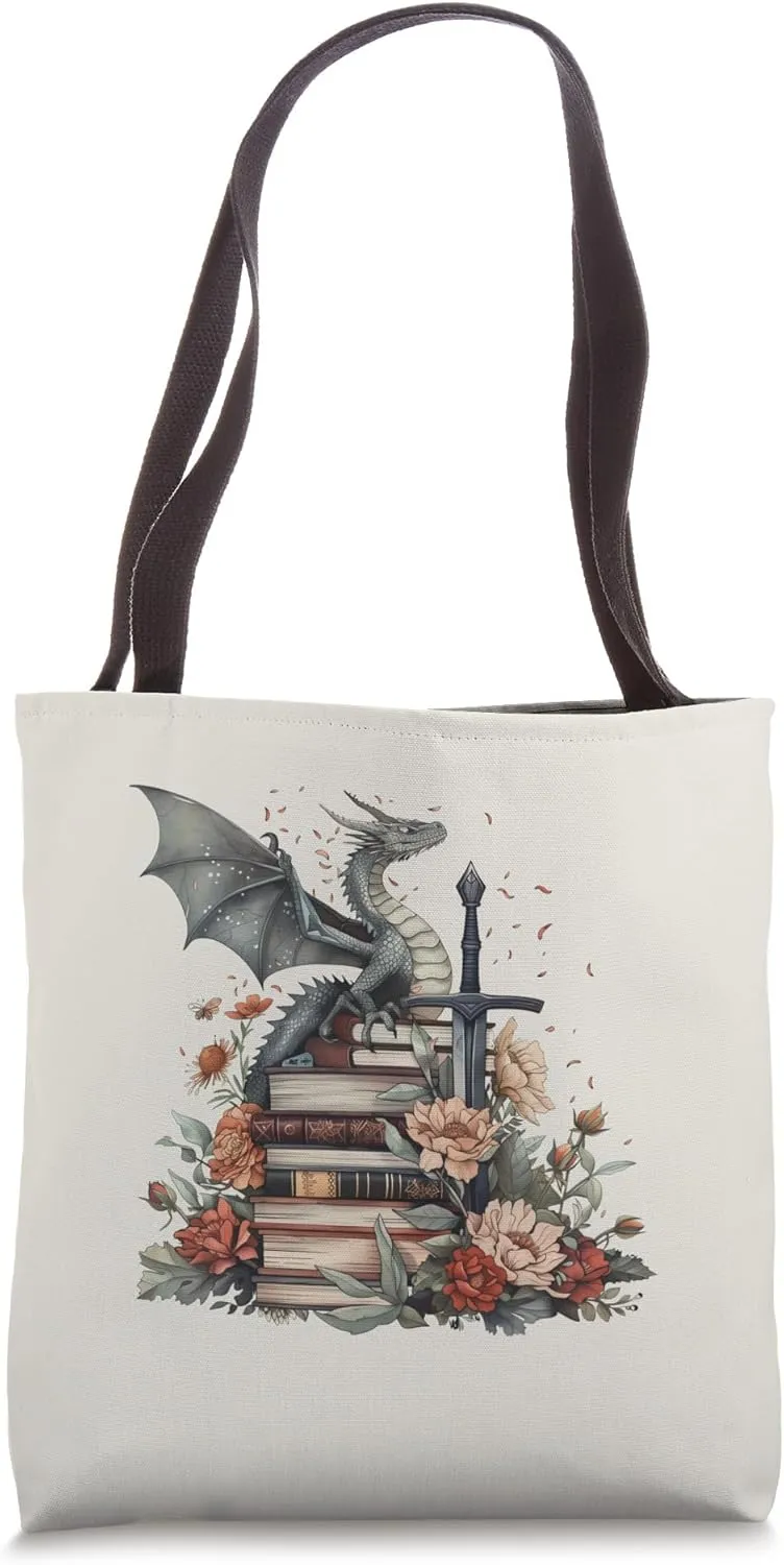 Literary Book Dragon Fantasy Reader Romantasy Read Bookish Tote Bag