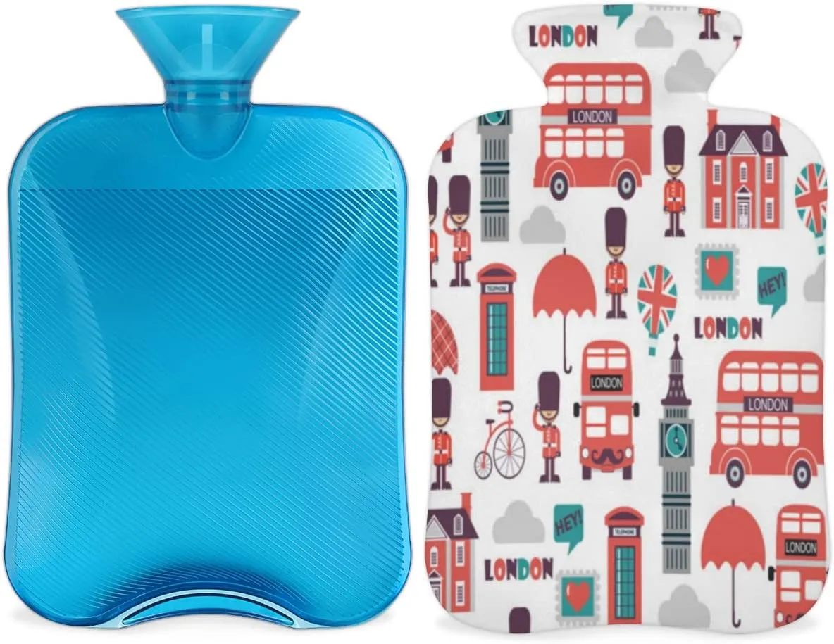 London Bus UK Flag Hot Water Bottle with Cover,British Big Ben 2L Hot Water Bag for Hot Compress Hot Bottle Water Bag for Hand Feet Warmer,Neck,Shoulder Pain Relief,Menstrual Cramps