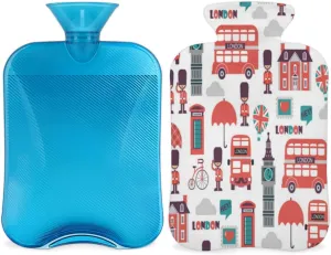 London Bus UK Flag Hot Water Bottle with Cover,British Big Ben 2L Hot Water Bag for Hot Compress Hot Bottle Water Bag for Hand Feet Warmer,Neck,Shoulder Pain Relief,Menstrual Cramps