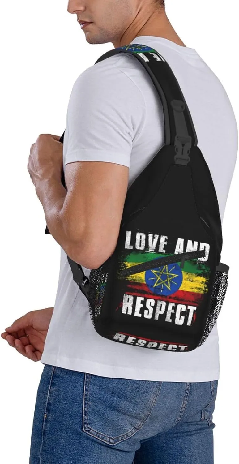 Love and Respect Ethiopia Flag Ethiopian Pride Cross Chest Bag Crossbody Bags Sling Backpack Gym Shoulder Bags Sports Fanny Pack Adjustable Travel Daypack Diagonally Casual Rucksack