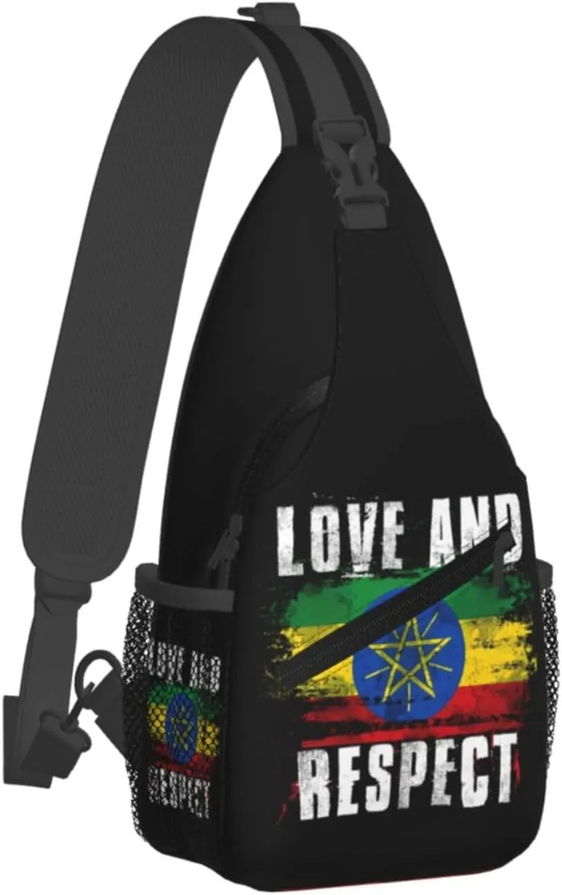Love and Respect Ethiopia Flag Ethiopian Pride Cross Chest Bag Crossbody Bags Sling Backpack Gym Shoulder Bags Sports Fanny Pack Adjustable Travel Daypack Diagonally Casual Rucksack