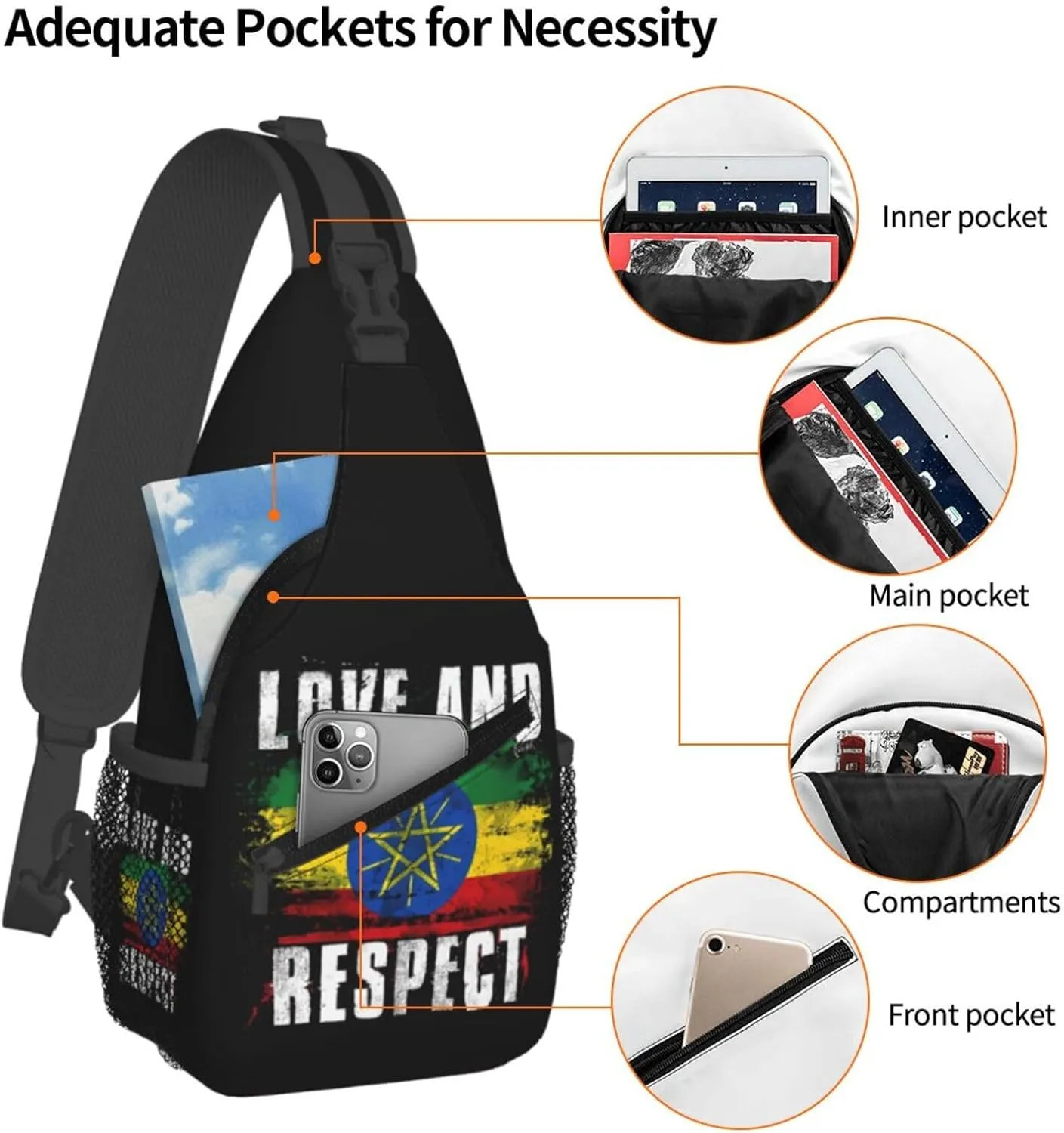 Love and Respect Ethiopia Flag Ethiopian Pride Cross Chest Bag Crossbody Bags Sling Backpack Gym Shoulder Bags Sports Fanny Pack Adjustable Travel Daypack Diagonally Casual Rucksack