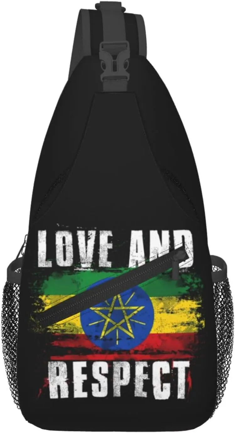 Love and Respect Ethiopia Flag Ethiopian Pride Cross Chest Bag Crossbody Bags Sling Backpack Gym Shoulder Bags Sports Fanny Pack Adjustable Travel Daypack Diagonally Casual Rucksack