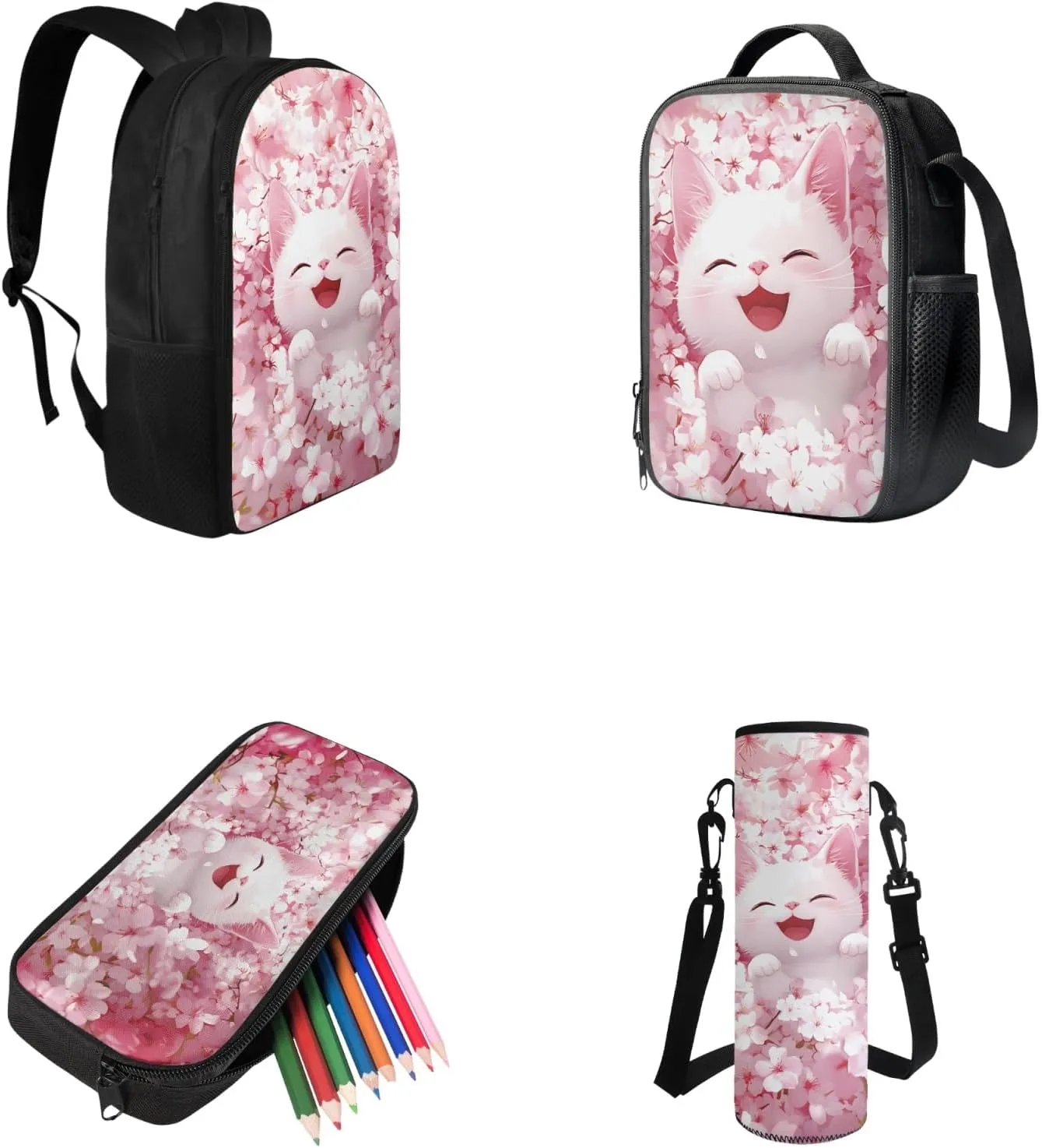 Lovely Cat Backpack Girls 6-8, Cute Backpack for Girls with Lunchbox Large Capacity Pencil Case and Water Bottle Holder 4 PCS Set Kawaii Bookbag Accessories Sets for Daily Study