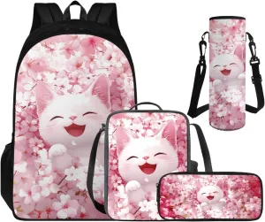 Lovely Cat Backpack Girls 6-8, Cute Backpack for Girls with Lunchbox Large Capacity Pencil Case and Water Bottle Holder 4 PCS Set Kawaii Bookbag Accessories Sets for Daily Study