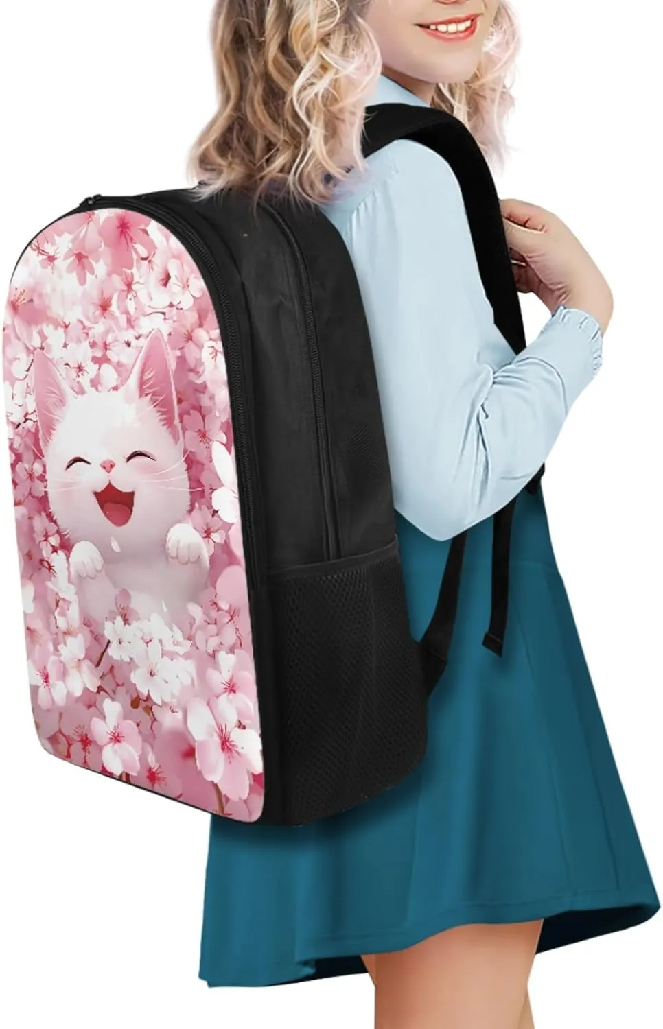 Lovely Cat Backpack Girls 6-8, Cute Backpack for Girls with Lunchbox Large Capacity Pencil Case and Water Bottle Holder 4 PCS Set Kawaii Bookbag Accessories Sets for Daily Study