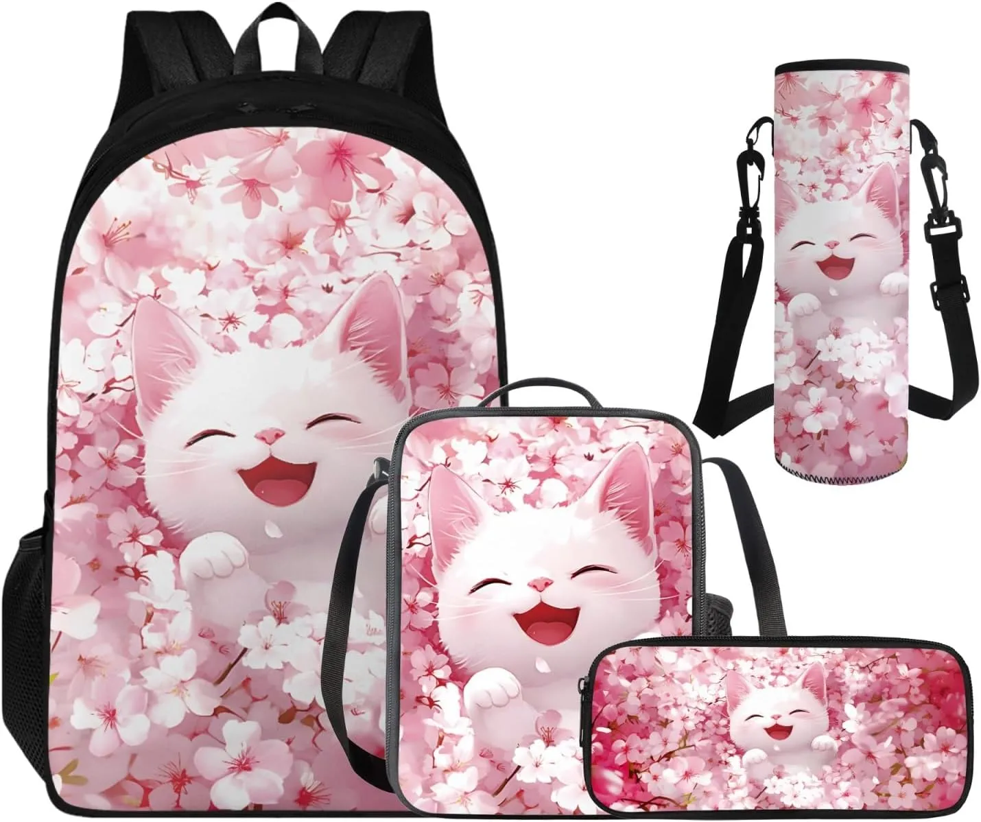 Lovely Cat Backpack Girls 6-8, Cute Backpack for Girls with Lunchbox Large Capacity Pencil Case and Water Bottle Holder 4 PCS Set Kawaii Bookbag Accessories Sets for Daily Study