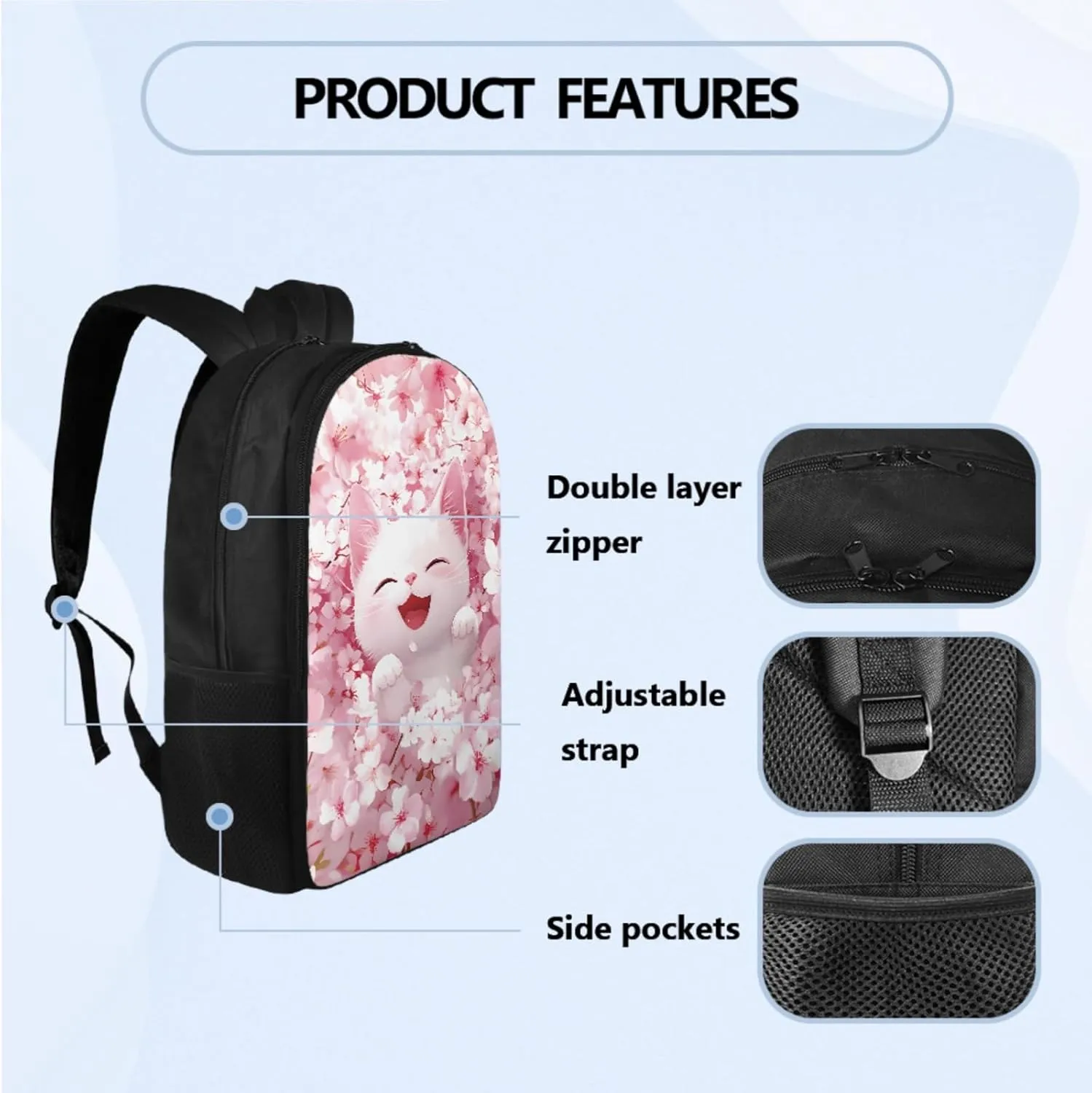 Lovely Cat Backpack Girls 6-8, Cute Backpack for Girls with Lunchbox Large Capacity Pencil Case and Water Bottle Holder 4 PCS Set Kawaii Bookbag Accessories Sets for Daily Study