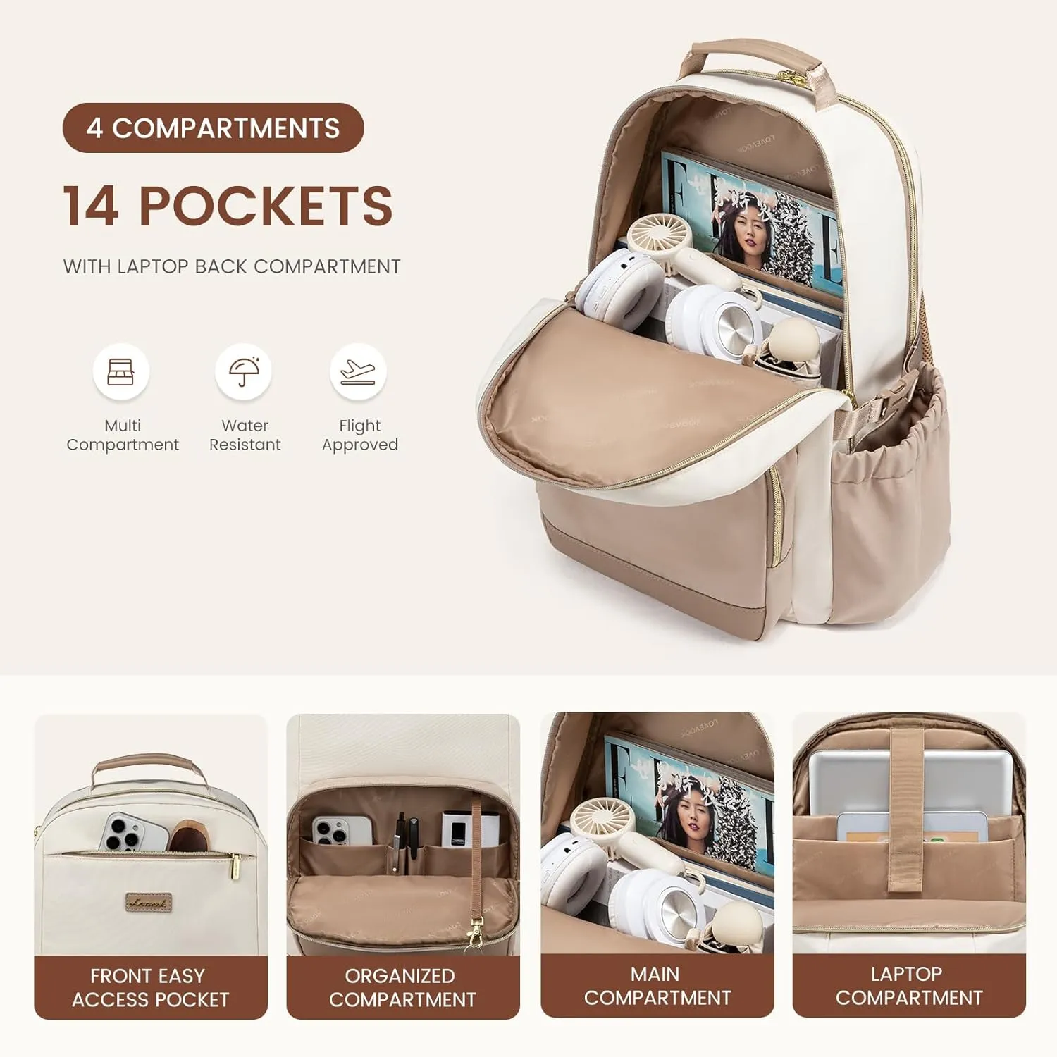 LOVEVOOK Laptop Backpack for Women with Pouch Pocket for Large Capacity Cup,17 Inch Laptop Computer Bag Travel Backpack Purse,Waterproof Work Business Backpack College Teacher Bags,Beige-Khaki