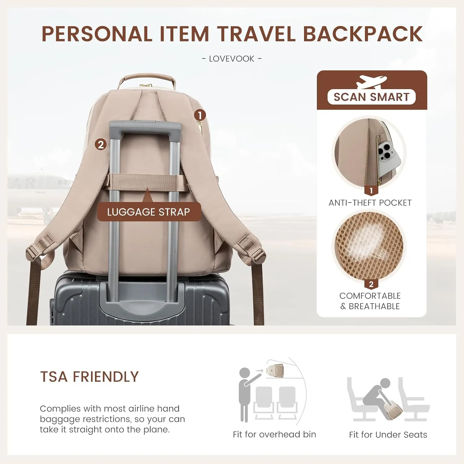 LOVEVOOK Laptop Backpack for Women with Pouch Pocket for Large Capacity Cup,17 Inch Laptop Computer Bag Travel Backpack Purse,Waterproof Work Business Backpack College Teacher Bags,Beige-Khaki