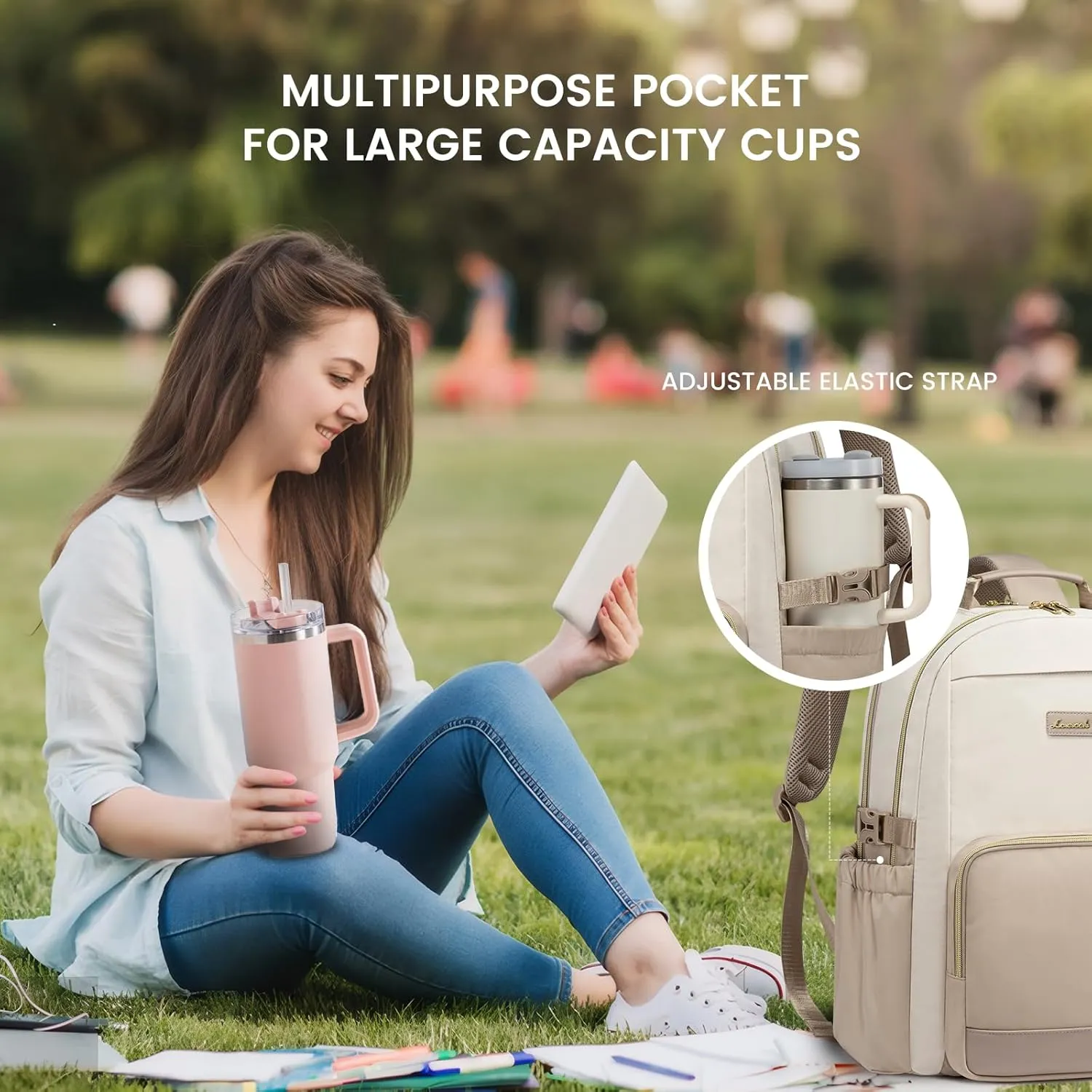 LOVEVOOK Laptop Backpack for Women with Pouch Pocket for Large Capacity Cup,17 Inch Laptop Computer Bag Travel Backpack Purse,Waterproof Work Business Backpack College Teacher Bags,Beige-Khaki