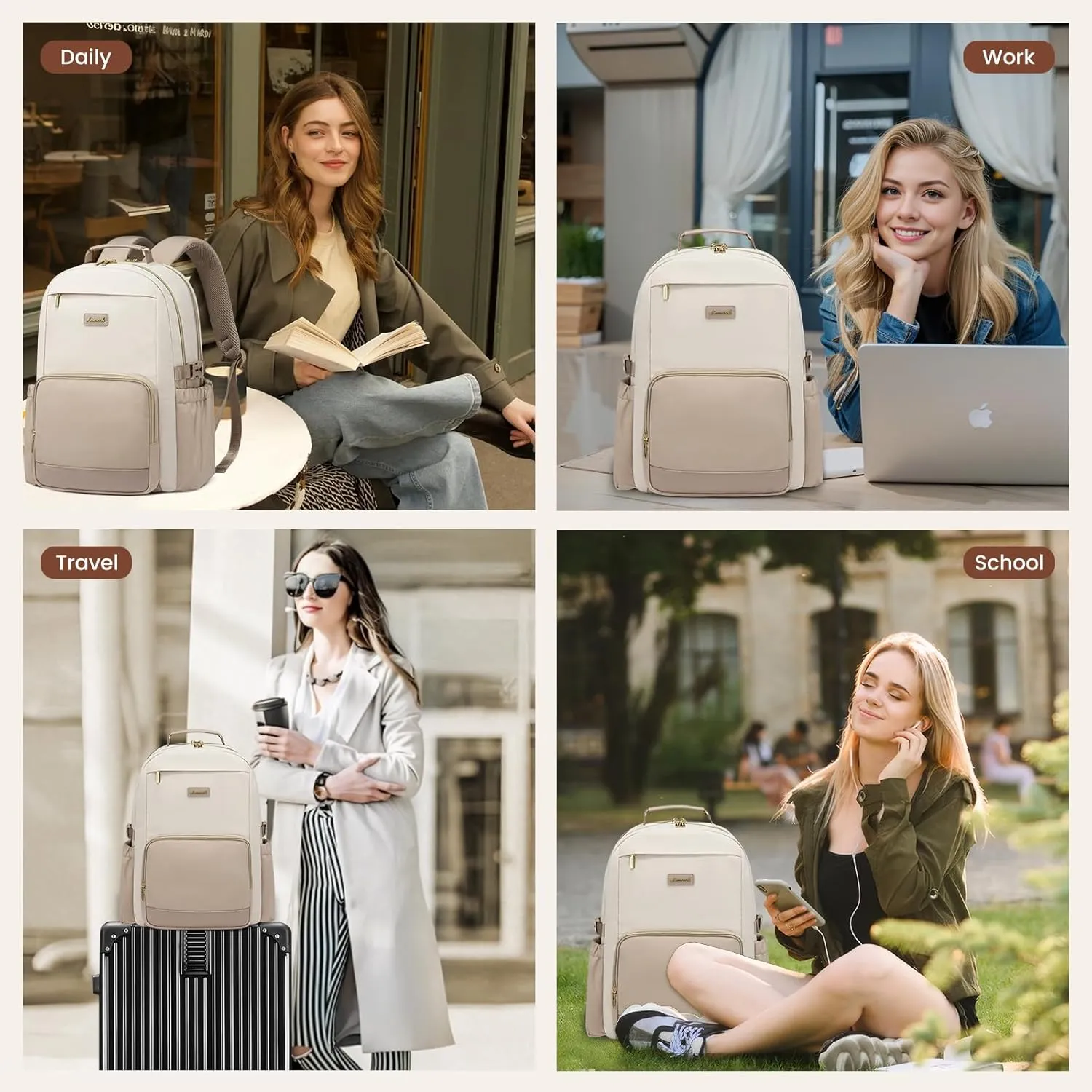 LOVEVOOK Laptop Backpack for Women with Pouch Pocket for Large Capacity Cup,17 Inch Laptop Computer Bag Travel Backpack Purse,Waterproof Work Business Backpack College Teacher Bags,Beige-Khaki