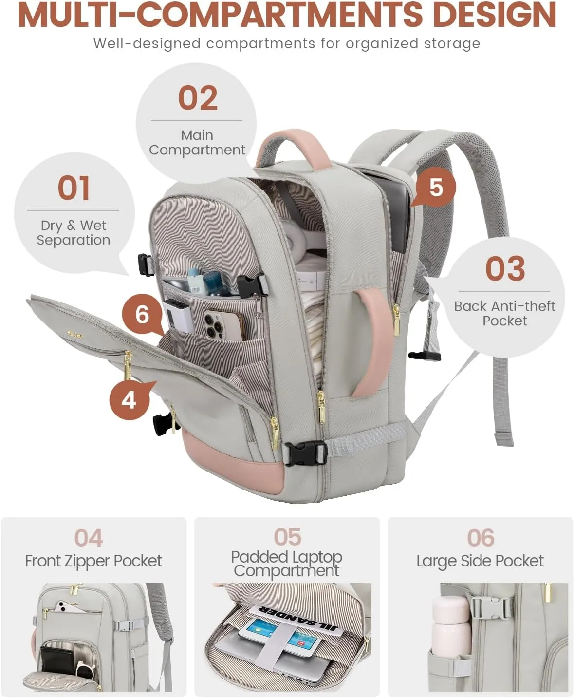 LOVEVOOK Large Travel Backpack For Women, 50L Carry On Backpack Flight Approved, TSA Personal Item Bag, Waterproof Laptop Backpack Fits 18 Inch Laptop, Business Weekender Overnight With 3 Cubes, Grey