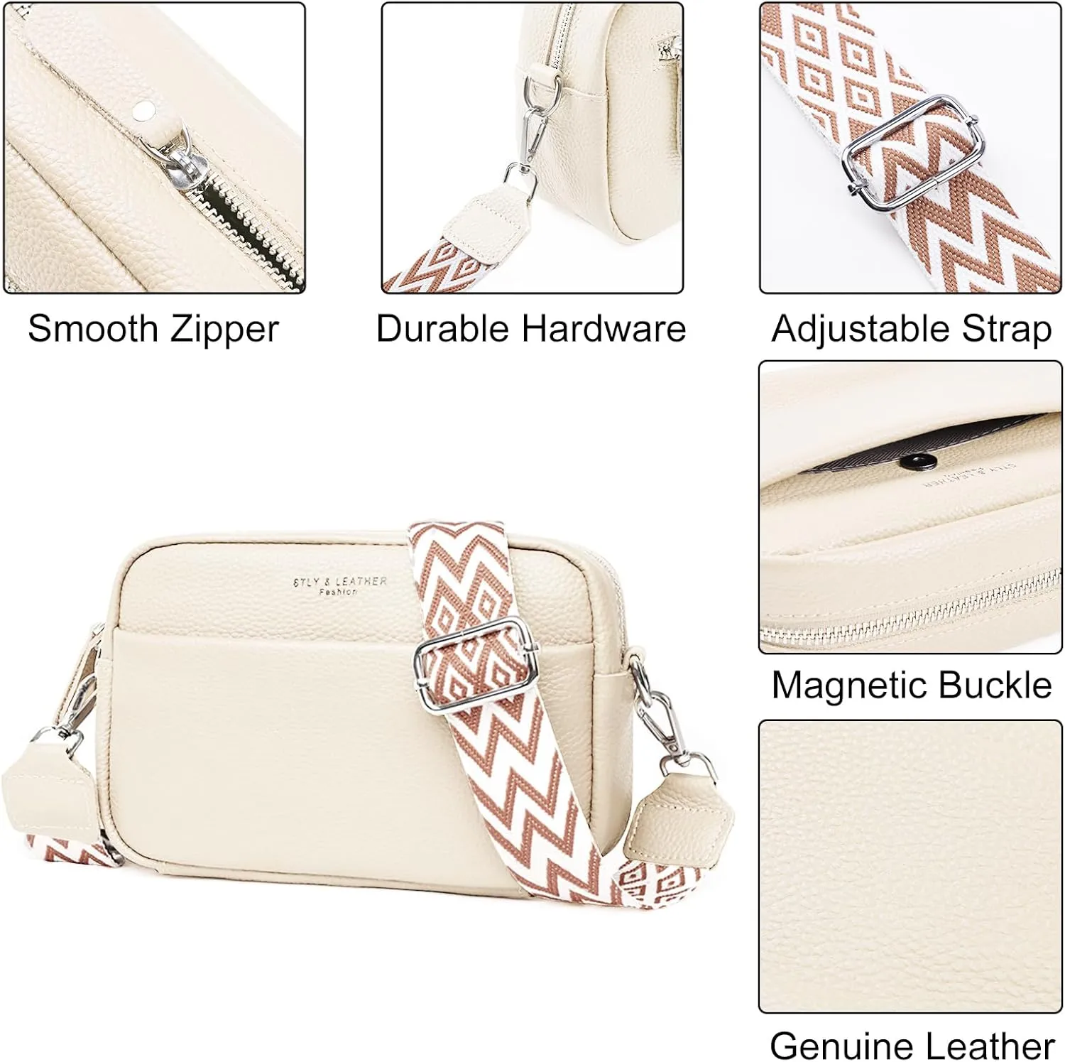 Lushandy Leather Crossbody Bags for Women Crossbody Camera Bag Purse Thick Strap Trendy Small Shoulder Bag with Guitar Strap