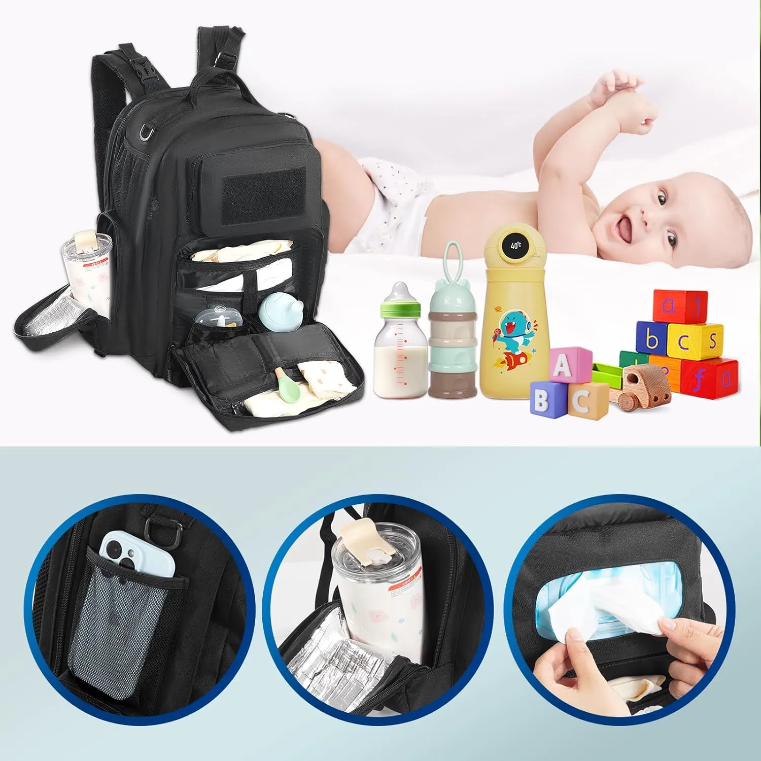 MABOZOO Diaper Bag Backpack for Dad, Black Military Diaper Bag Backpack with Waterproof Changing Pad,Large Mens Baby Bag,Unisex Molle Style Baby Backpack Bag