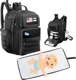 MABOZOO Diaper Bag Backpack for Dad, Black Military Diaper Bag Backpack with Waterproof Changing Pad,Large Mens Baby Bag,Unisex Molle Style Baby Backpack Bag