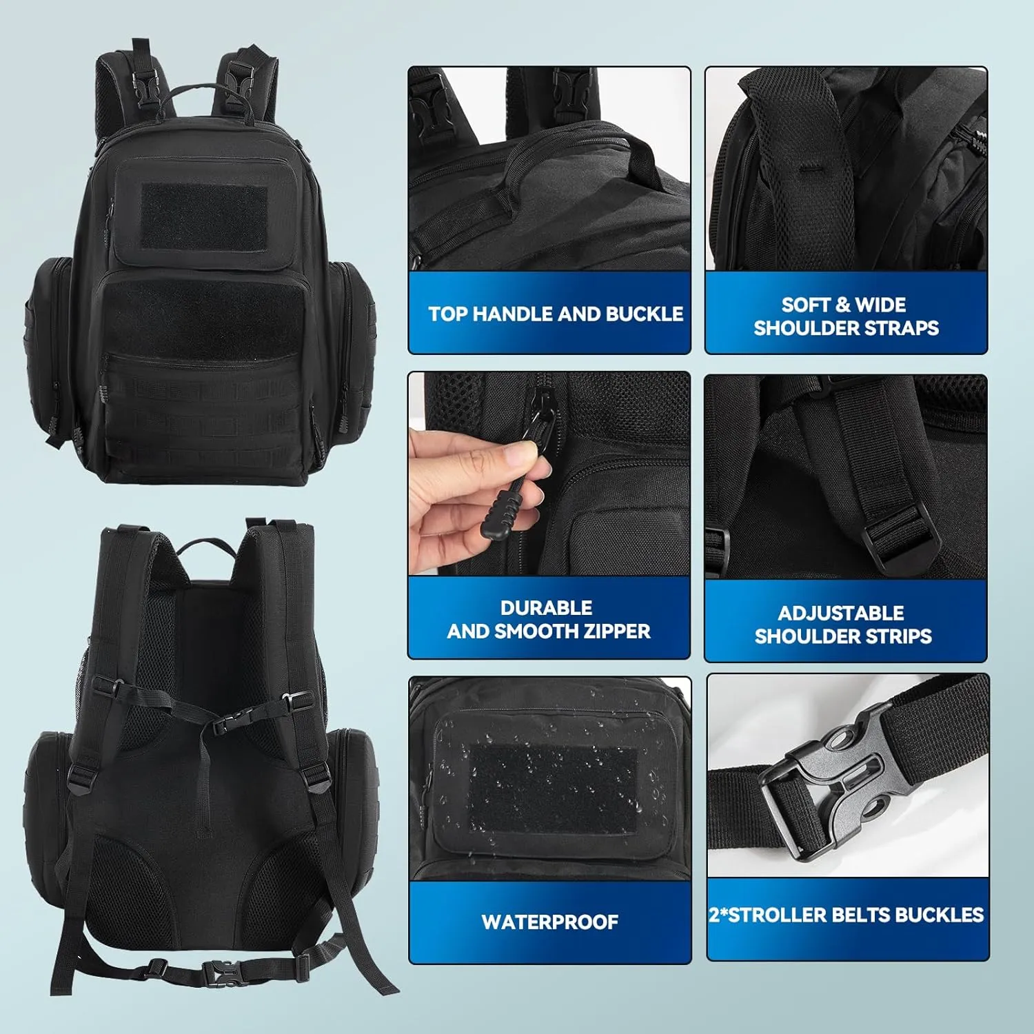MABOZOO Diaper Bag Backpack for Dad, Black Military Diaper Bag Backpack with Waterproof Changing Pad,Large Mens Baby Bag,Unisex Molle Style Baby Backpack Bag