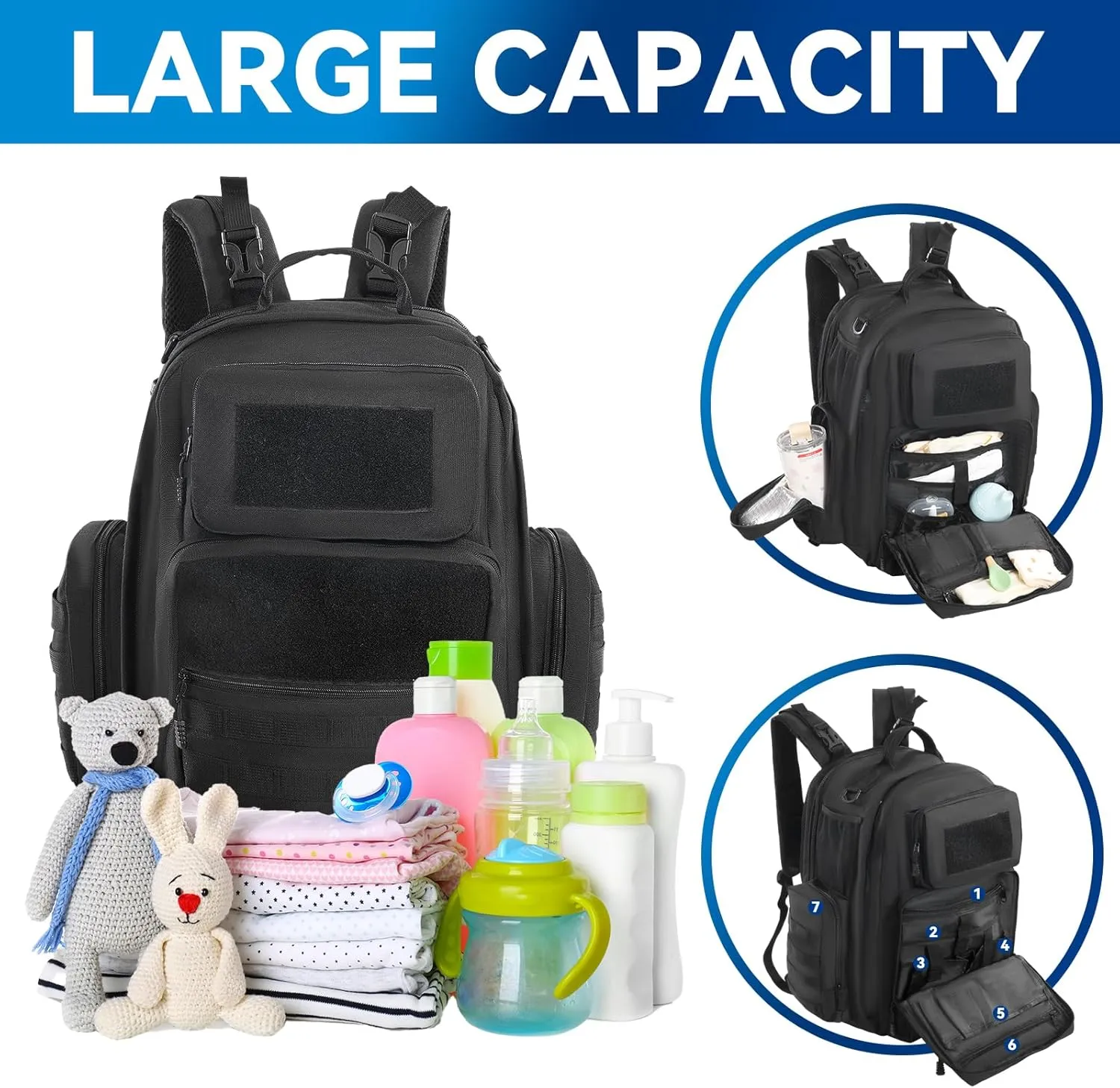 MABOZOO Diaper Bag Backpack for Dad, Black Military Diaper Bag Backpack with Waterproof Changing Pad,Large Mens Baby Bag,Unisex Molle Style Baby Backpack Bag