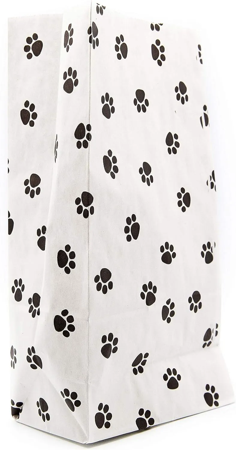 Made in USA 50-Pack "Paw Print" Kraft Pet Treat Paper Bags, 5” X 3” X 9.5”, Flat Bottom