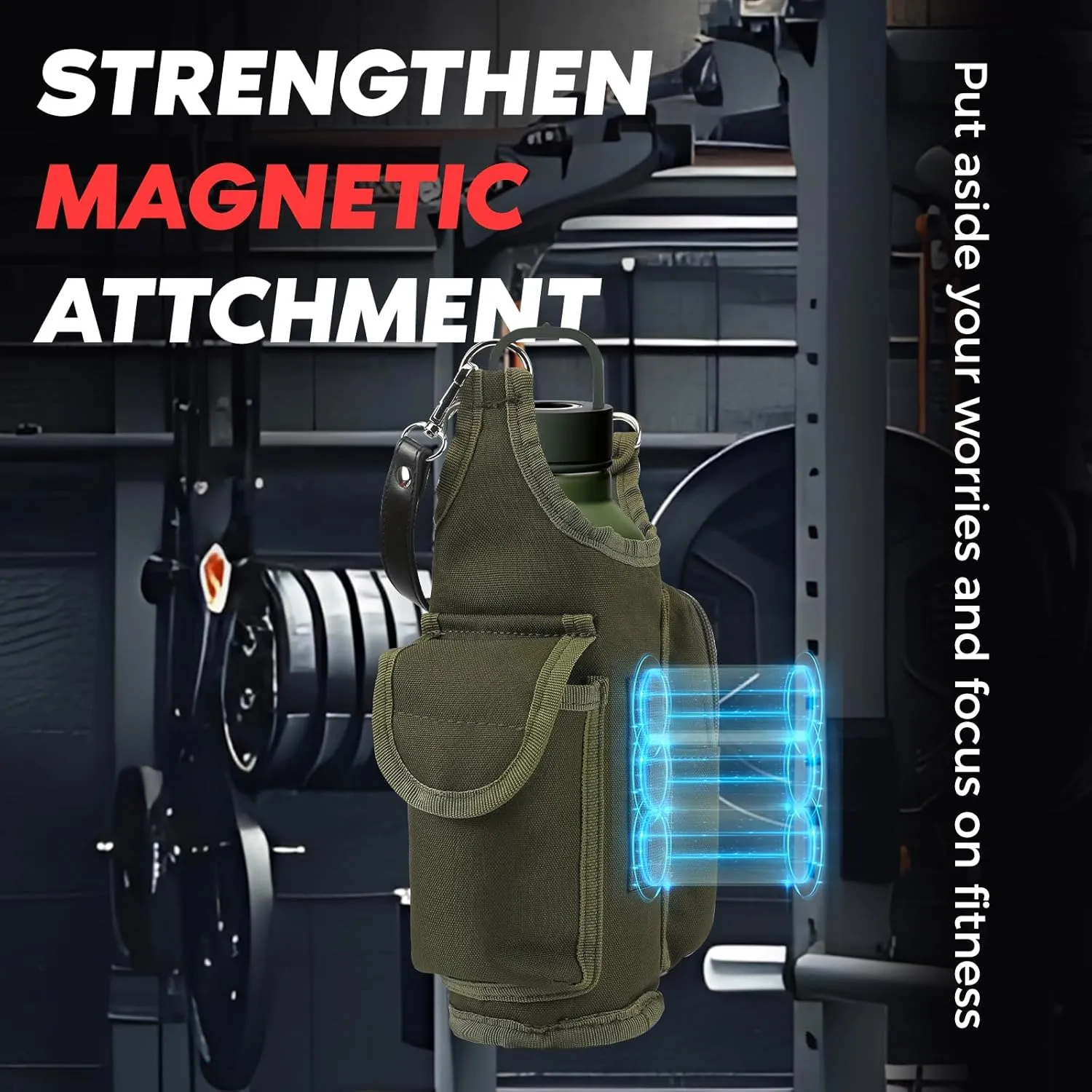 Magnetic Water Bottle Holder for Gym Bag- 3-High Strength Magnets, Phone Pouch & Adjustable Strap, Fits 32oz Shaker Bottles (3.9" Diameter) | Fitness, Hiking, Running(Army Green)