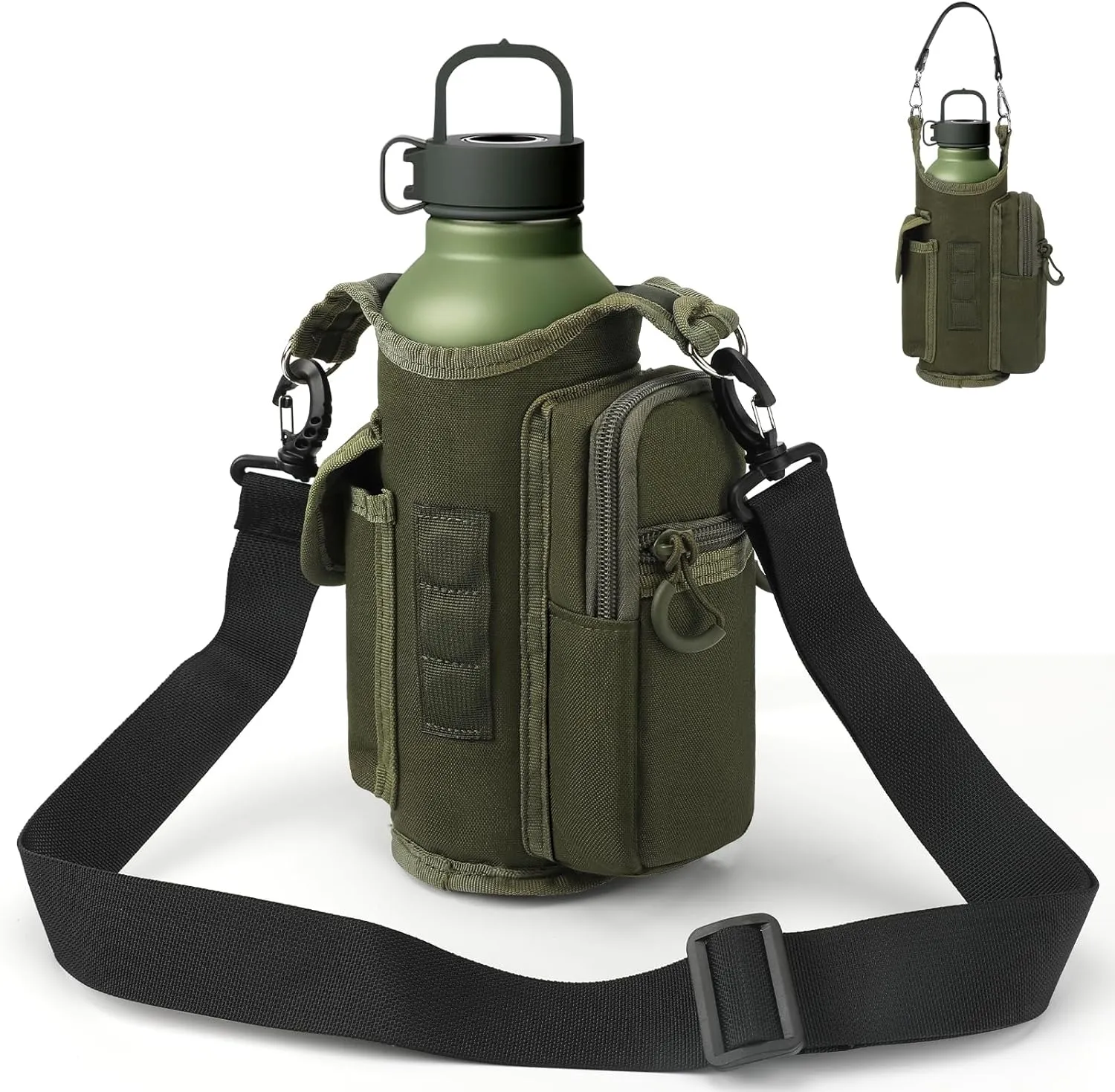 Magnetic Water Bottle Holder for Gym Bag- 3-High Strength Magnets, Phone Pouch & Adjustable Strap, Fits 32oz Shaker Bottles (3.9" Diameter) | Fitness, Hiking, Running(Army Green)
