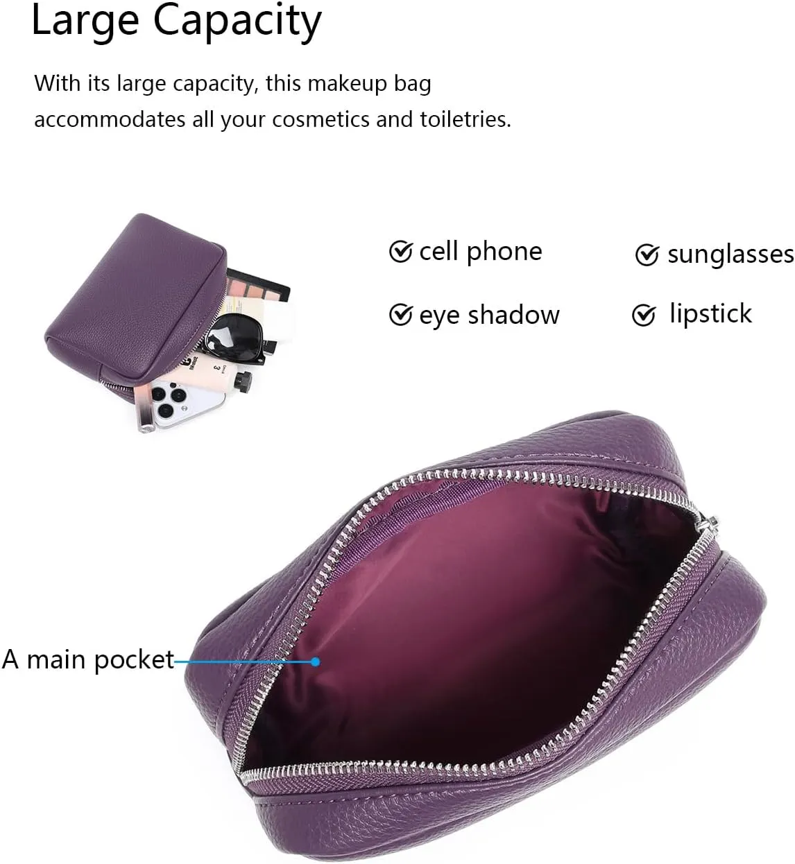 Makeup Bag Large Capacity Women's Classic Black Wash Bag Adjustable Partition Wash Brush and Cosmetic Carrying Bag (PU/Anemone Purple)