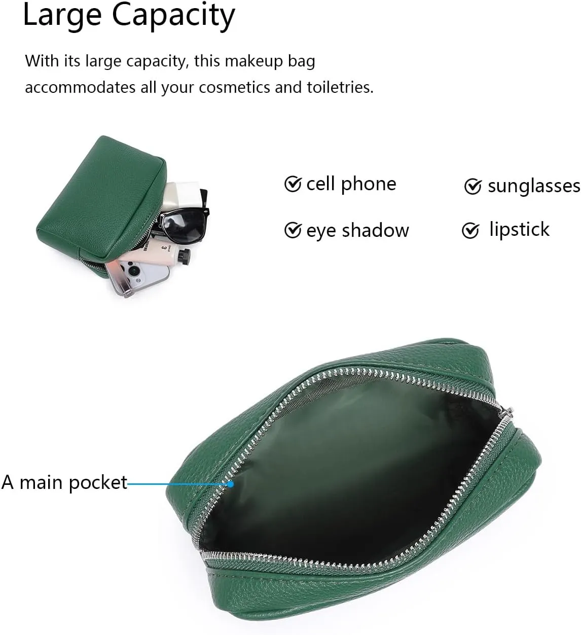Makeup Bag Large Capacity Women's Classic Black Wash Bag Adjustable Partition Wash Brush and Cosmetic Carrying Bag (PU/Forest Green)