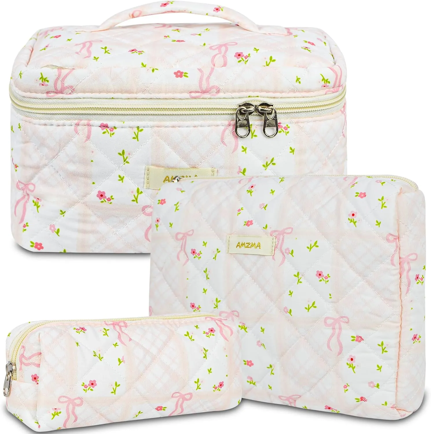 Makeup Bag Travel Cosmetic Bag, 3 PCS Quilted Make Up Bags for Women Makeup Organizer Case, Coquette Makeup Pouch Travel Essentials Toiletries Accessories