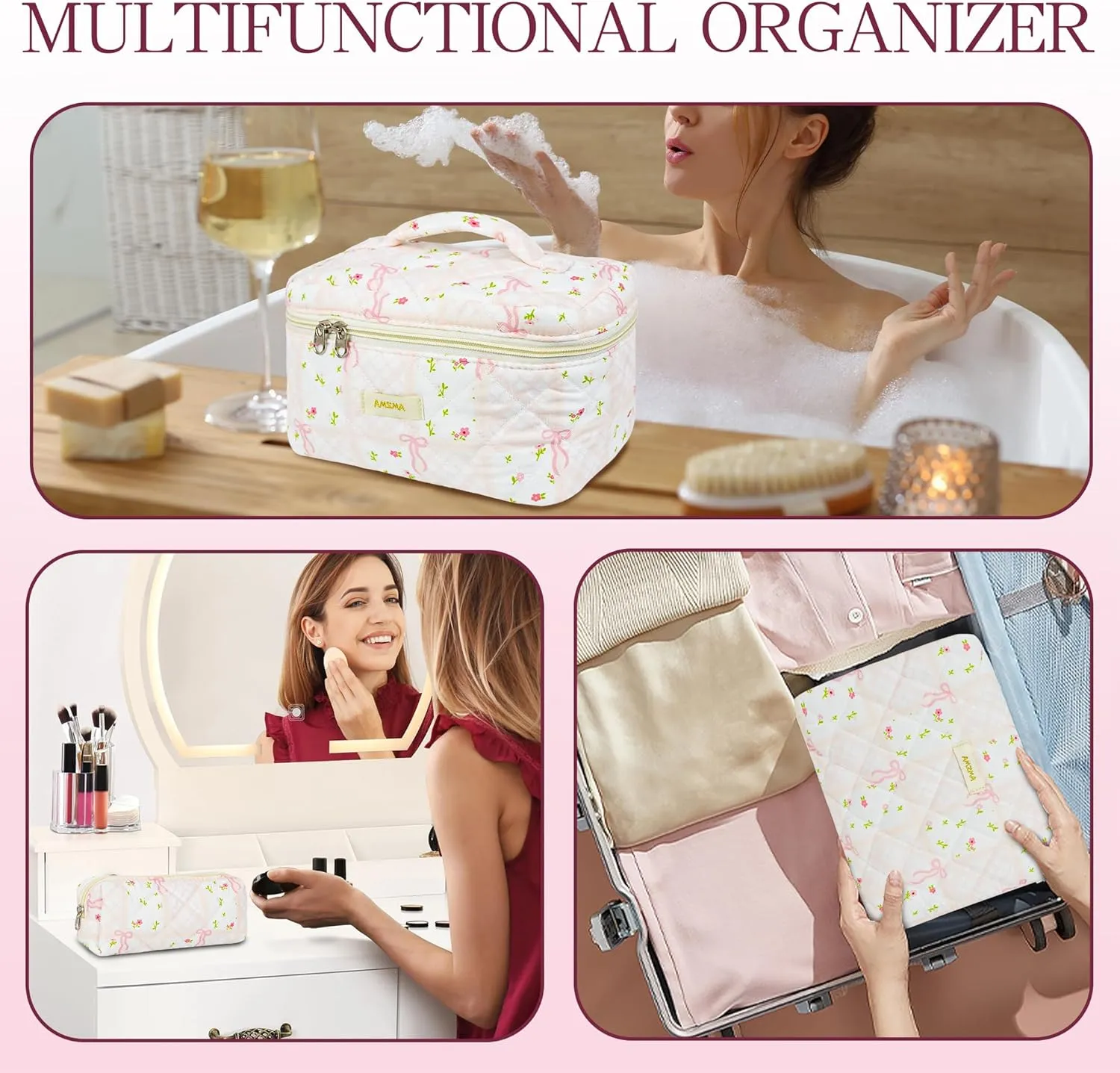 Makeup Bag Travel Cosmetic Bag, 3 PCS Quilted Make Up Bags for Women Makeup Organizer Case, Coquette Makeup Pouch Travel Essentials Toiletries Accessories