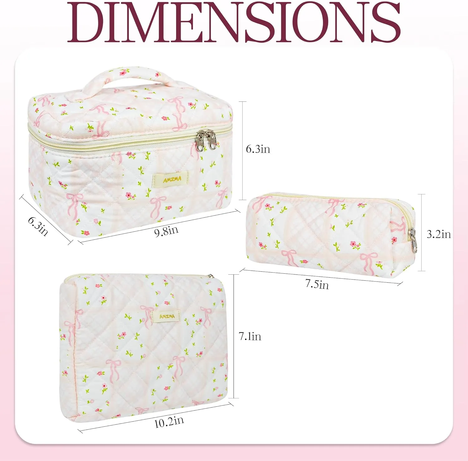 Makeup Bag Travel Cosmetic Bag, 3 PCS Quilted Make Up Bags for Women Makeup Organizer Case, Coquette Makeup Pouch Travel Essentials Toiletries Accessories