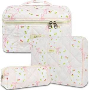 Makeup Bag Travel Cosmetic Bag, 3 PCS Quilted Make Up Bags for Women Makeup Organizer Case, Coquette Makeup Pouch Travel Essentials Toiletries Accessories